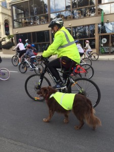 Man and hound enjoying the festive kids ride